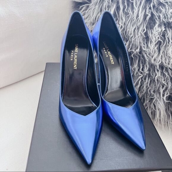 Saint Laurent Kiki 100 metallic Leather Pumps Blue Roy size 36.5 - Picture 2 of 12